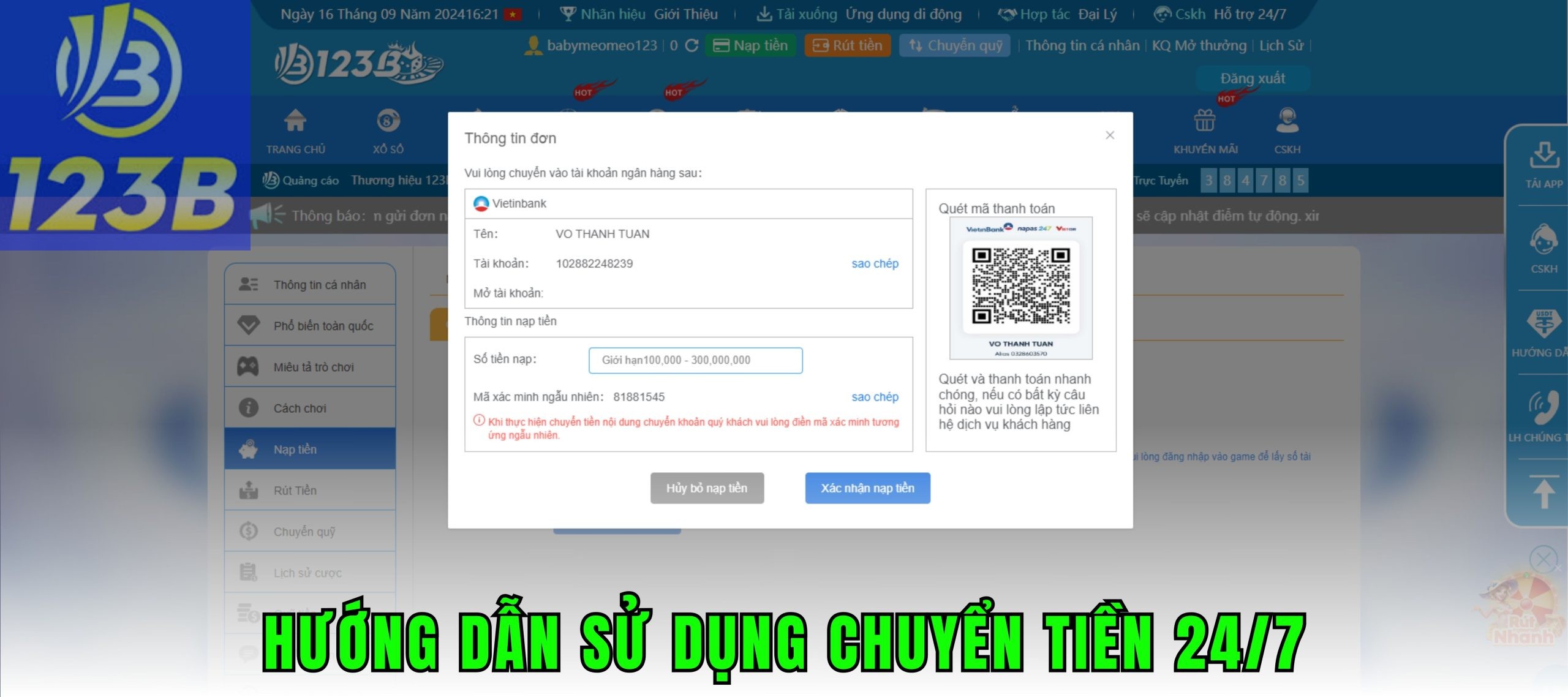 Phương thức giao dịch bằng chuyển tiền nhanh 24/7